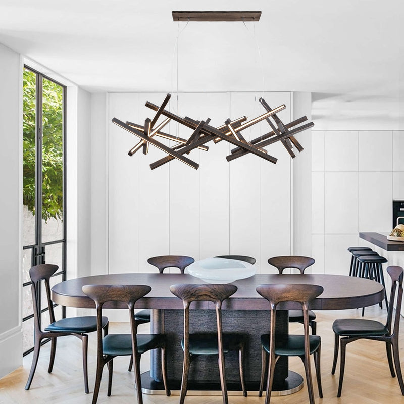 Dining room modern wooden and metal chandeliers. Industrial lights.